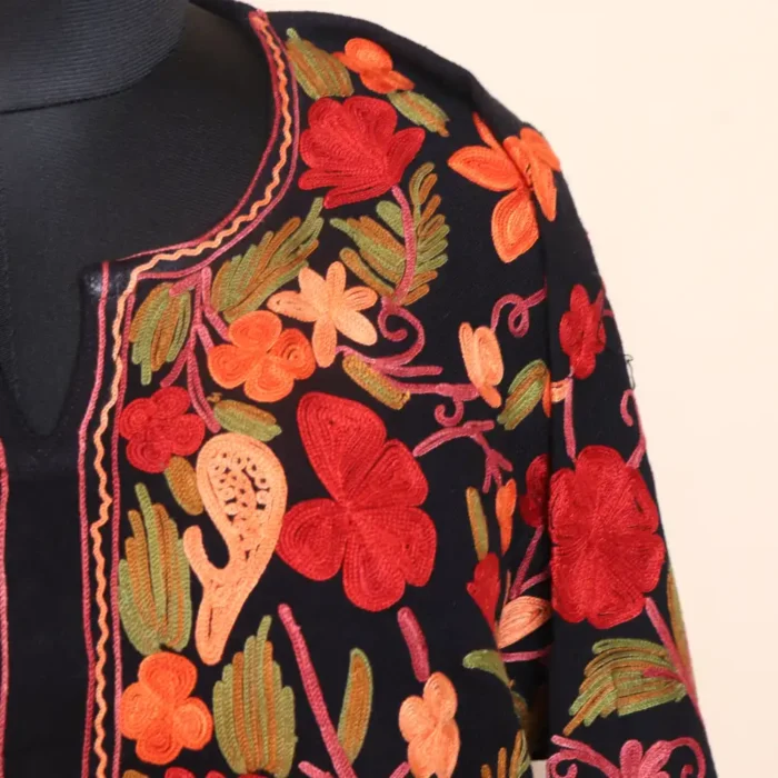 Black Woolen Jaal Aari All Over Kashmiri Embroidered Pheran - Gousiaa - Image 3