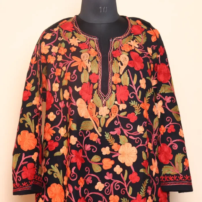 Black Woolen Jaal Aari All Over Kashmiri Embroidered Pheran - Gousiaa - Image 2