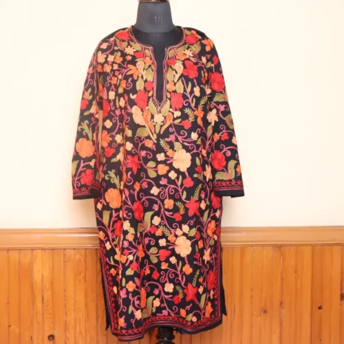 Black Woolen Jaal Aari All Over Kashmiri Embroidered Pheran - Gousiaa
