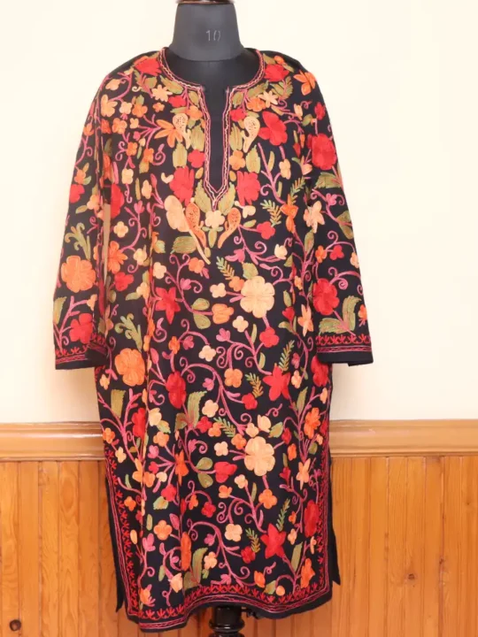 Black Woolen Jaal Aari All Over Kashmiri Embroidered Pheran - Gousiaa