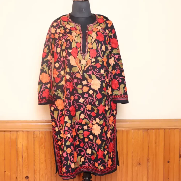 Black Woolen Jaal Aari All Over Kashmiri Embroidered Pheran - Gousiaa