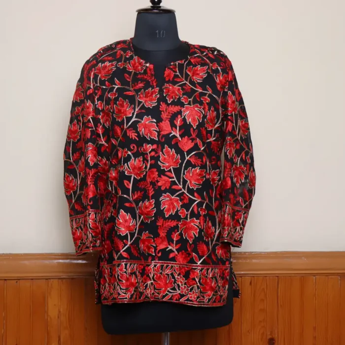 Black Chinar Front Back Aari Work Kashmiri Short Kurti - Lal Bazaar Collection