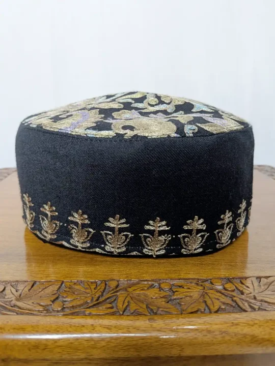 Black Boni-Chakal Toosha Cap with Traditional Aari Embroidery