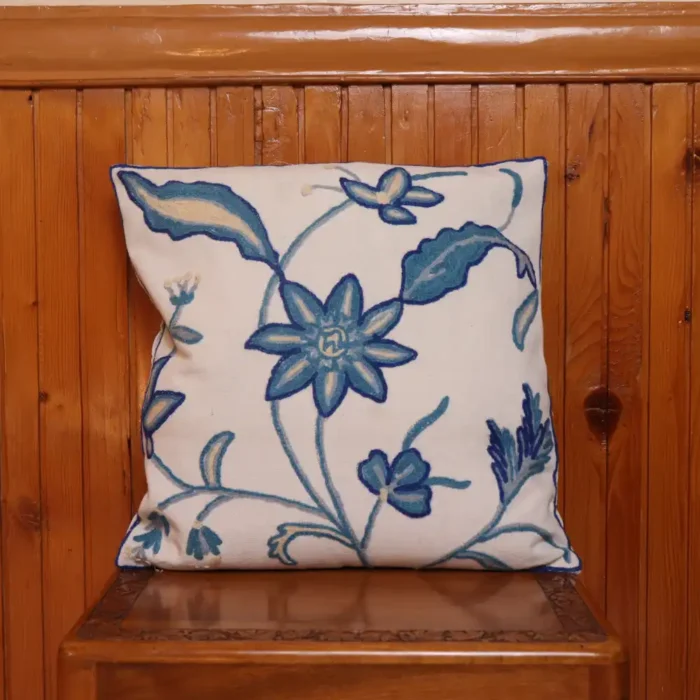 Blue Shaakh Hand Embroidered Crewel Cushion Cover 16*16 | Set of 2 - Image 4