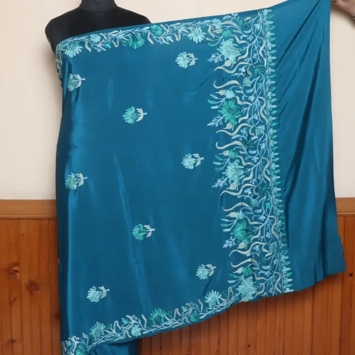 Blue Kashmiri Saree In Crepe With Aari Embroidery - Image 2