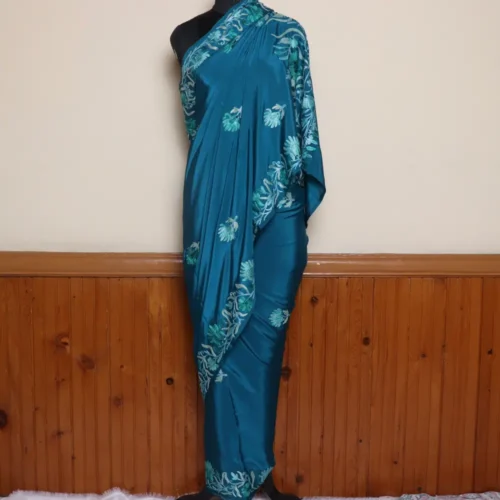 Blue Kashmiri Saree In Crepe With Aari Embroidery