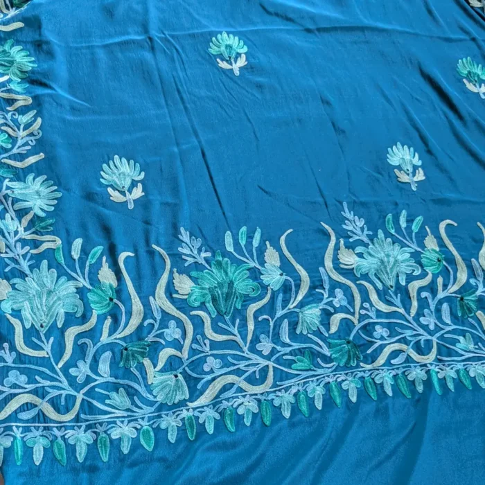 Blue Kashmiri Saree In Crepe With Aari Embroidery - Image 8