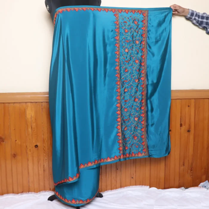 Blue Hand Sozni Paper Machie Work Kashmiri Saree - Image 2