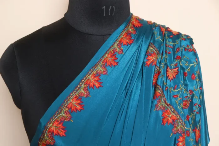 Blue Hand Sozni Paper Machie Work Kashmiri Saree - Image 4