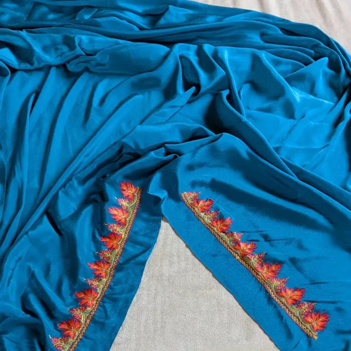 Blue Hand Sozni Paper Machie Work Kashmiri Saree - Image 5