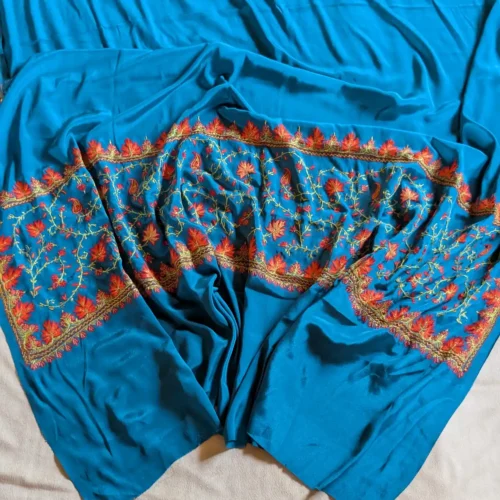 Blue Hand Sozni Paper Machie Work Kashmiri Saree