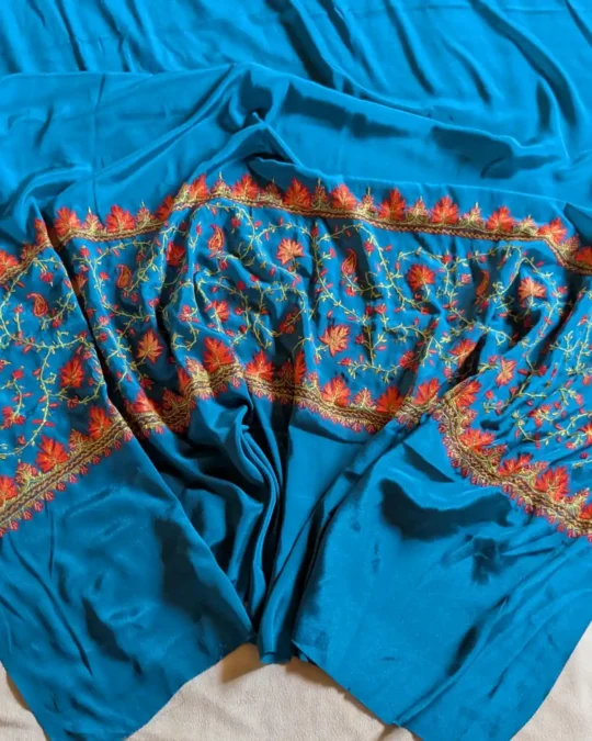 Blue Hand Sozni Paper Machie Work Kashmiri Saree
