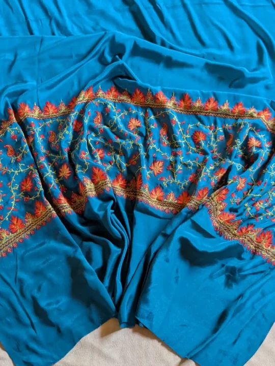 Blue Hand Sozni Paper Machie Work Kashmiri Saree