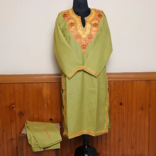 Olive Green Casual-Chic Kashmiri Ruby Cotton Kurti Set with Aari Work | Gulmohar Collection
