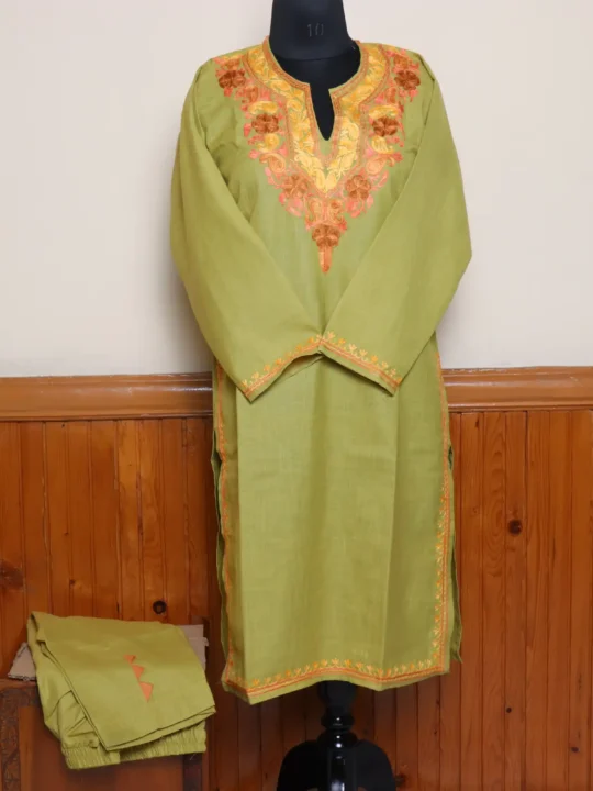 Olive Green Casual-Chic Kashmiri Ruby Cotton Kurti Set with Aari Work | Gulmohar Collection