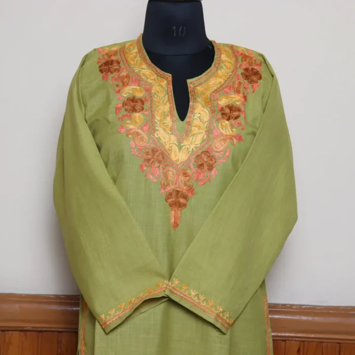 Olive Green Casual-Chic Kashmiri Ruby Cotton Kurti Set with Aari Work | Gulmohar Collection - Image 2