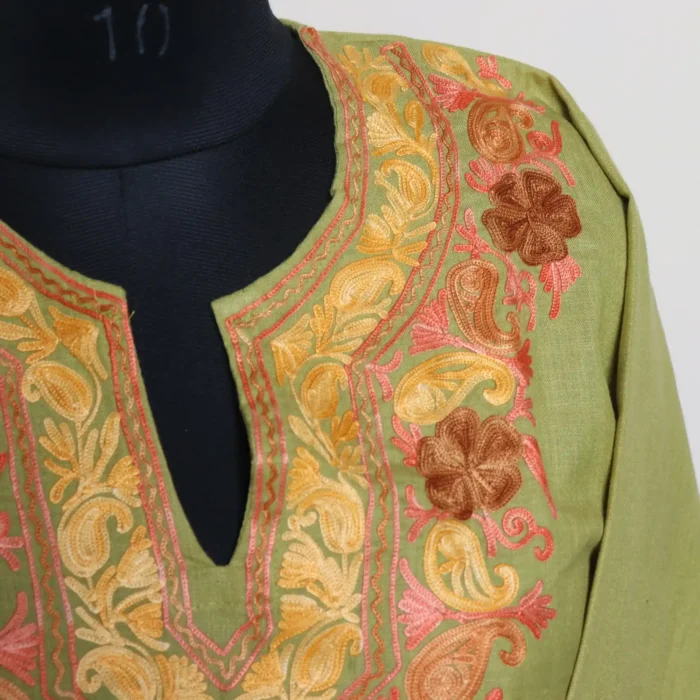 Olive Green Casual-Chic Kashmiri Ruby Cotton Kurti Set with Aari Work | Gulmohar Collection - Image 3
