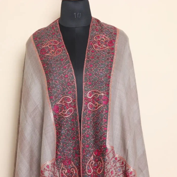 Grey Kashmiri Shawl with Hand Tilla and Sozni Work - Muskaan - Image 3