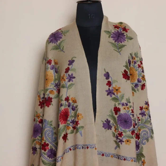 Beautiful Kashmiri Stole in Pure Wool With Hand Aari Embroidery - Image 2