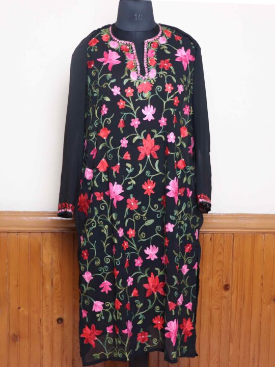 Kashmiri Black Georgette Long Kurti with All Over Aari Embroidery - Gulbanoo Collection