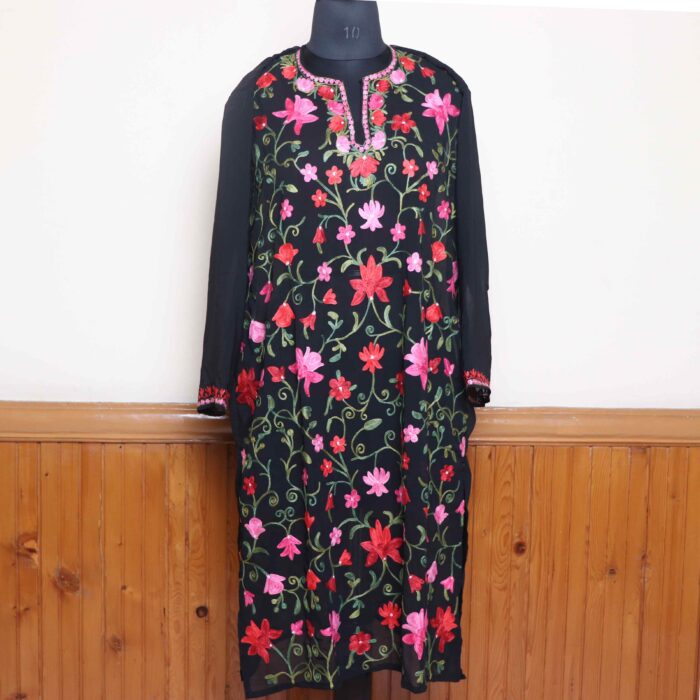 Kashmiri Black Georgette Kurti with All Over Aari Embroidery - Gulbanoo Collection