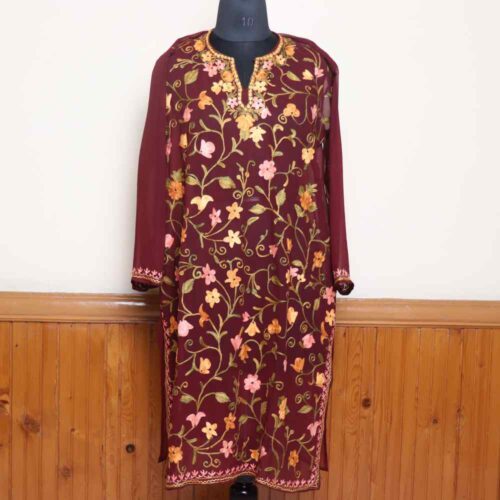 Graceful All Over Aari Worked Wine Georgette Long Kurti from Kashmir - Gulbanoo Collection