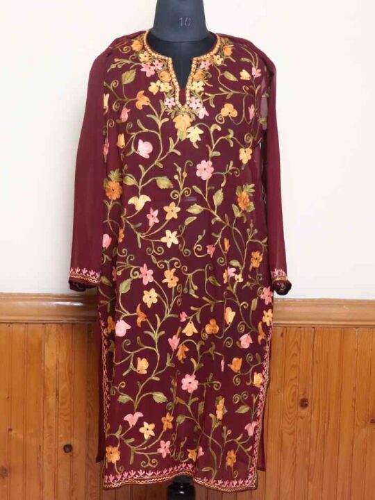 Graceful All Over Aari Worked Wine Georgette Long Kurti from Kashmir - Gulbanoo Collection