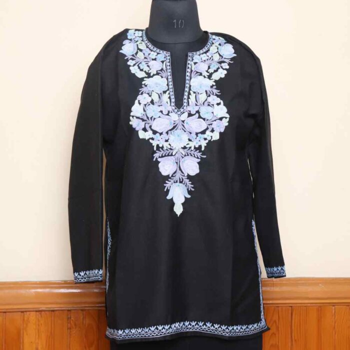 Kashmiri Short Ruby Cotton Black Kurti with Aari Details | Pahalgam Collection