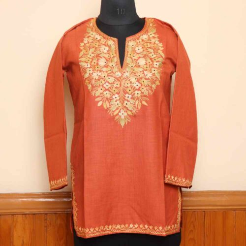 Rustic Orange Kashmiri Short Cotton Kurti with Aari Design | Pahalgam Collection