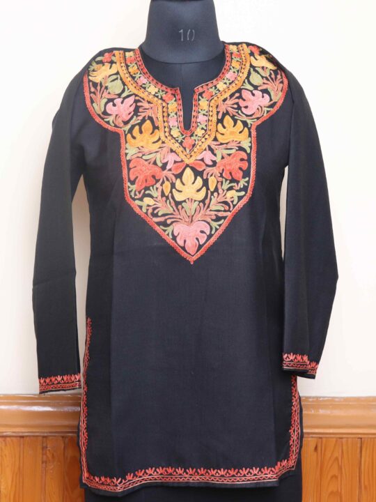 Kashmiri Chinar Aari Work Black Short Kurti in Ruby Cotton | Pahalgam Collection