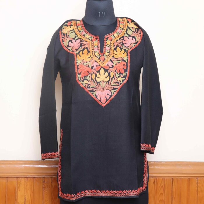 Kashmiri Chinar Aari Work Black Short Kurti in Ruby Cotton | Pahalgam Collection