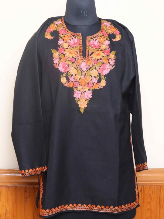 Black Short Cotton Kurti with Kashmiri Aari Motifs | Pahalgam Collection