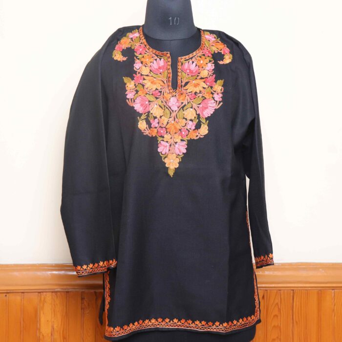 Black Short Cotton Kurti with Kashmiri Aari Motifs | Pahalgam Collection