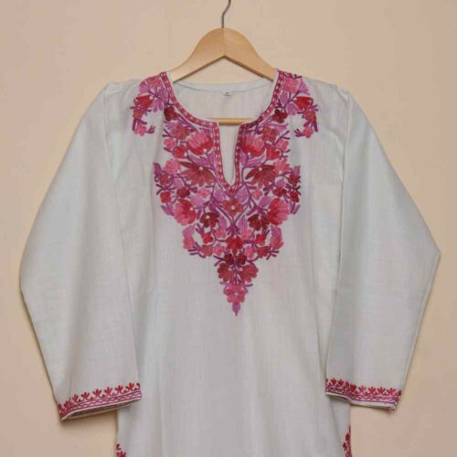 Elegant long Kashmiri Ruby Cotton White Kurti with Aari Embroidery | Pahalgam Collection