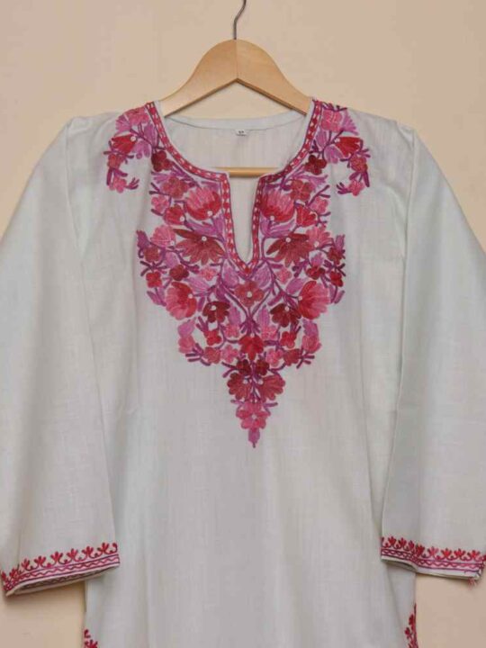 Elegant long Kashmiri Ruby Cotton White Kurti with Aari Embroidery | Pahalgam Collection