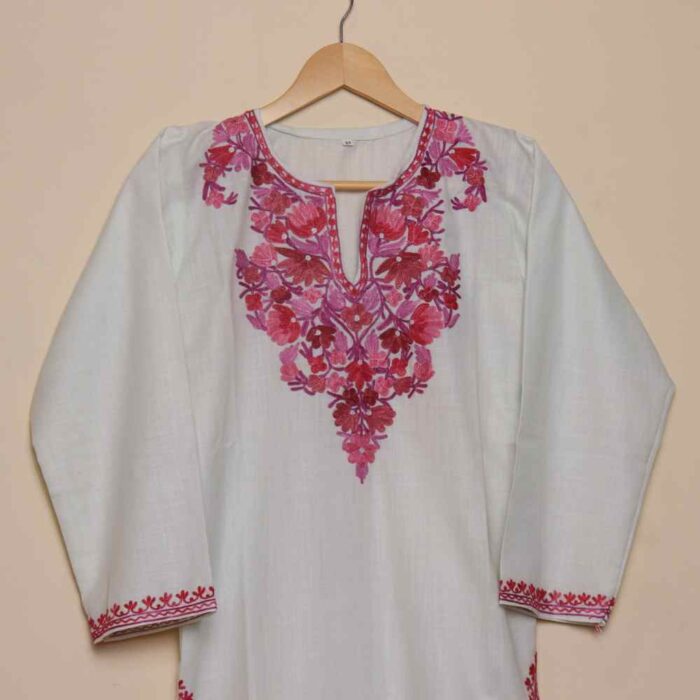 Elegant long Kashmiri Ruby Cotton White Kurti with Aari Embroidery | Pahalgam Collection