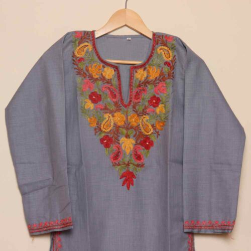 Long Chinari Aari Worked Grey Cotton Kurti | Pahalgam Collection