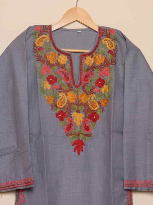 Long Chinari Aari Worked Grey Cotton Kurti | Pahalgam Collection