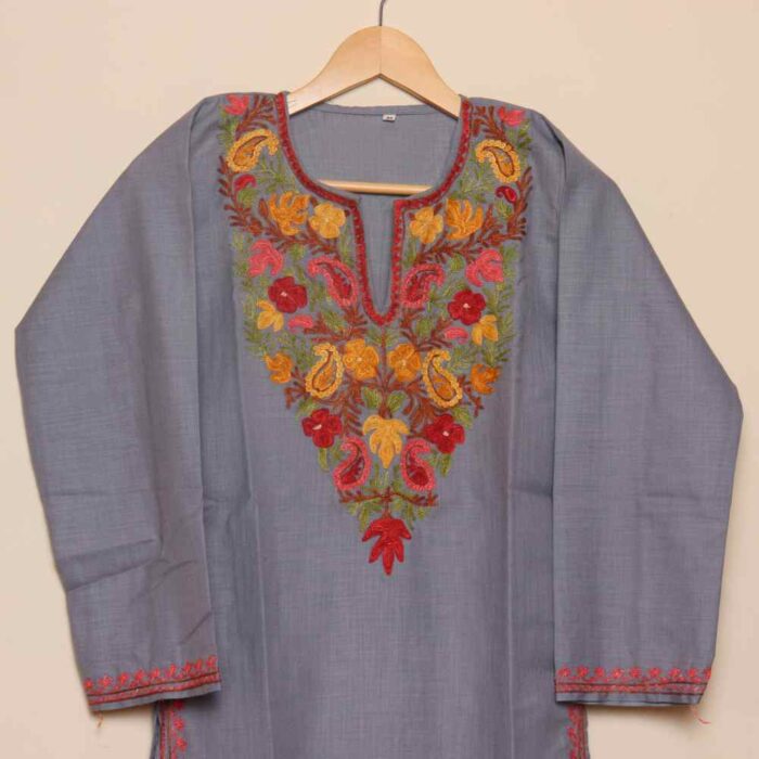 Long Chinari Aari Worked Grey Cotton Kurti | Pahalgam Collection