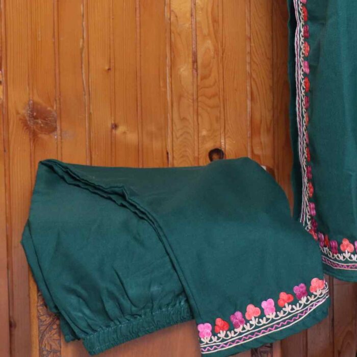 Dark Green Light Kashmiri Summer Cool Kurti Set with Heavy Aari Embroidery | Gulmohar Collection - Image 4
