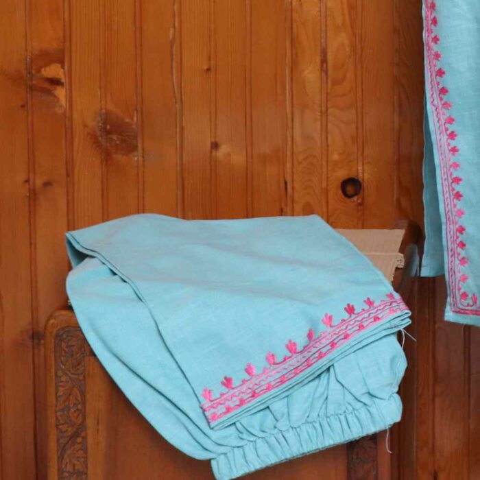 Sky Blue Soft Ruby Cotton Kashmiri Co-ord Set with Aari Embroiderey | Pahalgam Collection - Image 4