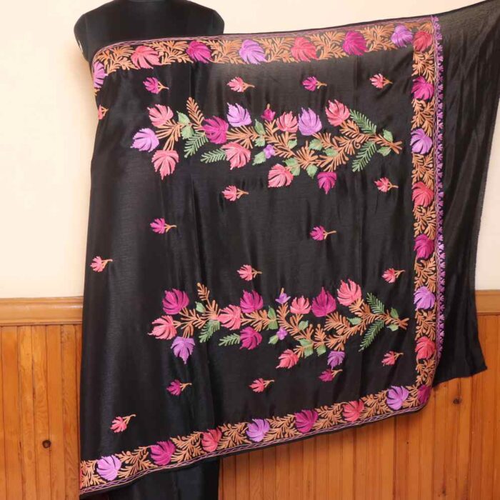 Kashmiri Black Chinnon Saree With Floral Motifs Aari Embroidery | Lal Bazaar Collection - Image 4