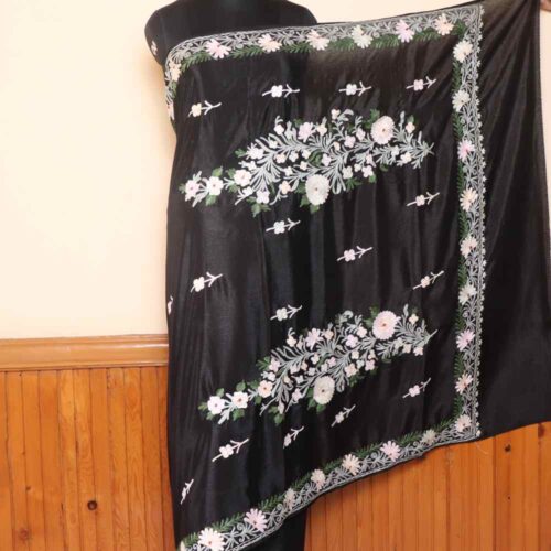 Black Chinnon Kashmiri Saree With Floral Motifs Aari Embroidery | Lal Bazaar Collection