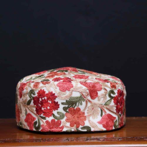 Maqbool-i-Bagh White Aari Embroidered Cap in Pure Kashmiri Toosha