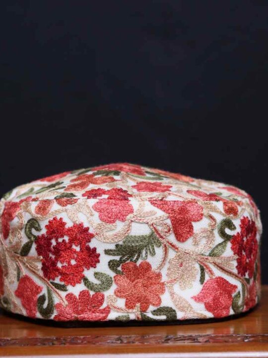 Maqbool-i-Bagh Aari Embroidered White Cap in Pure Kashmiri Toosha