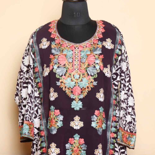 Elegent Violet Heavy Georgette Front Back Aari Embroidered Kurti  -Dal Jheel Collection