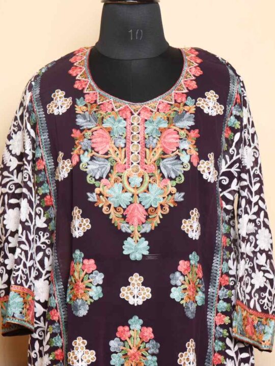 Elegent Violet Heavy Georgette | Jorjet Front Back Aari Embroidered Kurti  -Dal Jheel Collection