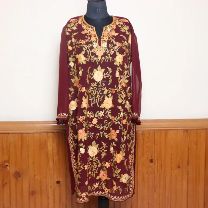 Elegant Aari Worked Wine Georgette Kurti from Kashmir - Gulbanoo Collection