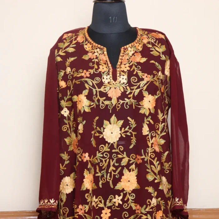 Elegant Aari Worked Wine Georgette Kurti from Kashmir - Gulbanoo Collection - Image 2