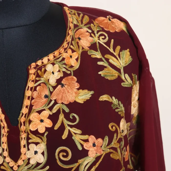 Elegant Aari Worked Wine Georgette Kurti from Kashmir - Gulbanoo Collection - Image 3